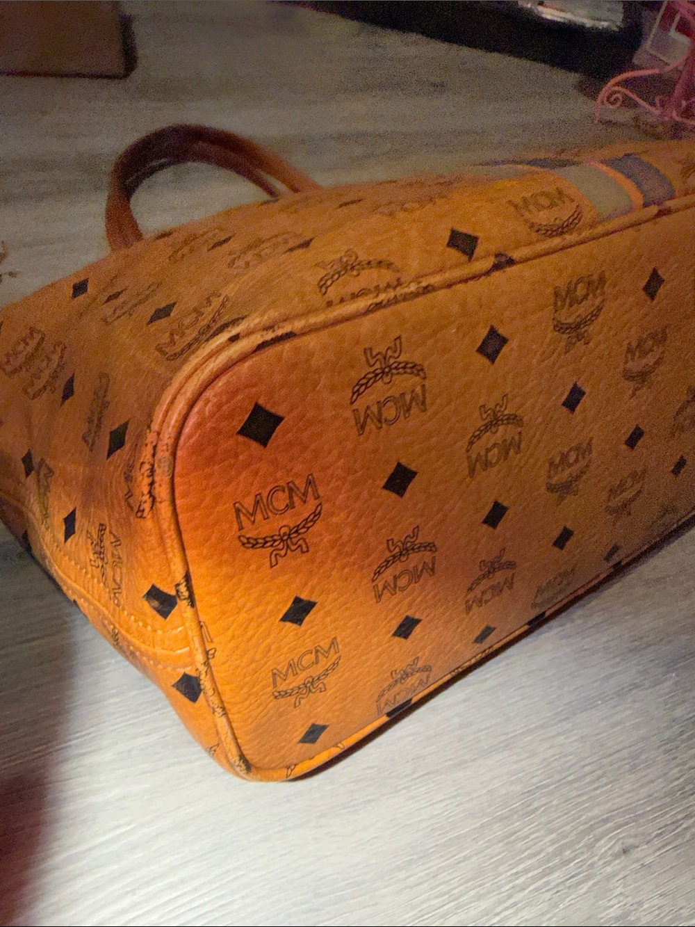MCM Cognac Visetos Tote with Blue and Gray Center Stripe - Picture 2 of 6